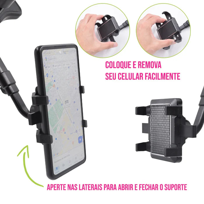 Suporte para Celular Smartphone com Apoio no Retrovisor Extensível Giro 360º